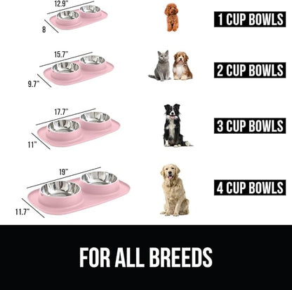 GORILLA GRIP Feeding Mat Bowl Set, 100% Waterproof BPA Free Silicone Base, 304 Stainless Steel Cat and Dog Bowls for Food and Water, Slip Resistant, High Edge, US Designed, Patent Pending, 2 Cup Pink
