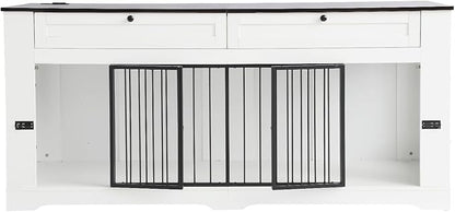 Large Dog Crate Furniture-Decorative Heavy Duty Dog Cage Indoor, Wooden Dog Cage End Table with Charging Station, Dog House with 2 Drawers (White, 70.86''L)