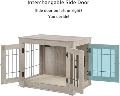 beeNbkks Furniture Style Dog Crate End Table, Double Doors Wooden Wire Dog Kennel with Pet Bed, Decorative Pet Crate Dog House Indoor Medium Large