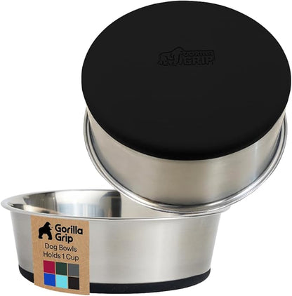 GORILLA GRIP Dog Bowls, Food Grade 304 Stainless Steel, Holds 1 Cup Each (8 fl oz) Food and Water Bowl for Feeding Dogs and Cats, Dishwasher Safe, Rust Resistant, BPA Free Rubber Base Set of 2 Black