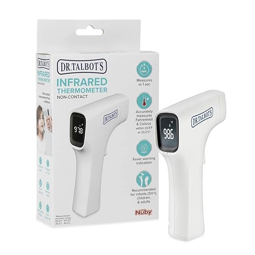 Dr. Talbot's Easy Handle Non-Contact Infrared Thermometer with Led Screen, Fever Warning Indicator, Accurate 1 S Reading for Baby, Kids, & Adults, White