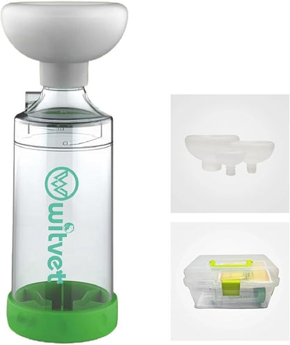 Vet Inhaler Spacer for Cats, Dogs - Use to Assist Metered Dose Inhaler (MDI) Therapy - Dual Valve Design, with Visible Indicators - 3 Silicon Masks for Different Size Pets