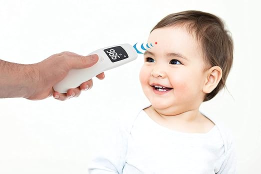 Dr. Talbot's Easy Handle Non-Contact Infrared Thermometer with Led Screen, Fever Warning Indicator, Accurate 1 S Reading for Baby, Kids, & Adults, White