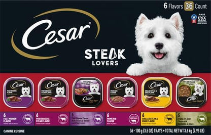 Cesar Wet Dog Food Steak Lovers Variety Pack,Adult,Wet Food for Dogs with Real Meat,3.5 oz Easy Peel Trays,36 Count (Pack of 2)