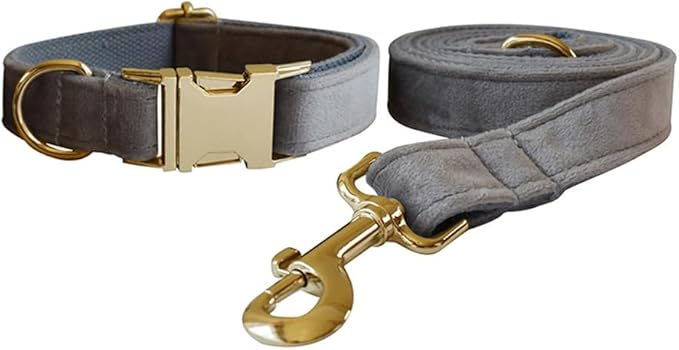 Love Dream Velvet Dog Collar and Leash Set, Soft & Comfy Adjustable Dog Leash and Collar with Heavy Duty Metal Buckle for Small Medium Large Dogs Training & Walking (XLarge, Grey)
