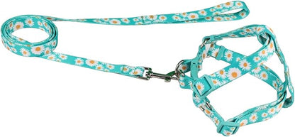 Harness and Leash Set, Floral Pattern, 5ft Matching Leash, No Pull, Easy Wear for Small Dogs.(S, Green Daisy)
