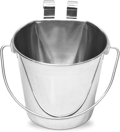 2 quart Stainless Steel Flat Sided Bucket with Dual Hooks | 0.5 gal Durable Food & Water Bowl for Dog Cats Bird & Small Animals | Fits kennel Cage Critter Crate | Hanging Utility Pet Pail