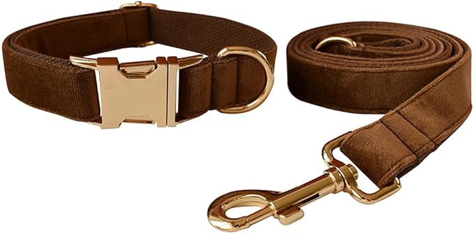 Love Dream Velvet Dog Collar and Leash Set, Soft & Comfy Adjustable Dog Leash and Collar with Heavy Duty Metal Buckle for Small Medium Large Dogs Training & Walking (Large, Coffee)