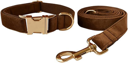 Love Dream Velvet Dog Collar and Leash Set, Soft & Comfy Adjustable Dog Leash and Collar with Heavy Duty Metal Buckle for Small Medium Large Dogs Training & Walking (Small, Coffee)
