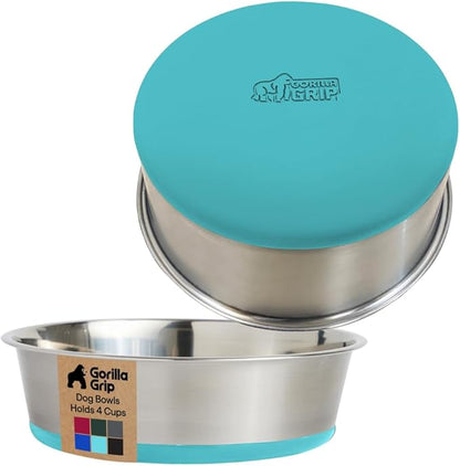 GORILLA GRIP Dog Bowls, Food Grade 304 Stainless Steel Holds 4 Cups Each (32 fl oz) Food and Water Bowl for Feeding Dogs and Cats Dishwasher Safe Rust Resistant BPA Free Rubber Base Set of 2 Turquoise