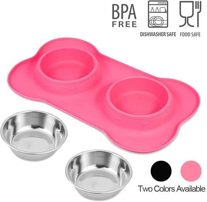 AsFrost Dog Food Bowls Stainless Steel Pet Bowls & Dog Water Bowls with No-Spill and Non-Skid, Feeder Bowls with Dog Bowl Mat for Dogs Cats and Pets-Pink, 24 0z in Total