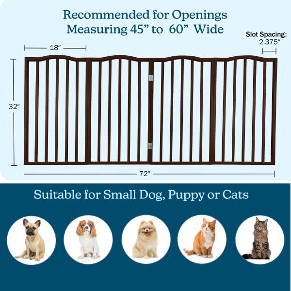 Indoor Pet Gate 4-Panel Foldable Dog Gate for Stairs Hallways or Doorways, Freestanding Wood & Metal Fence, Pet Barrier for Dogs, Cats, Puppies, Small-Medium Pets, 72 in Wide by PETMAKER (Brown)