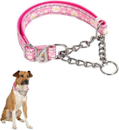 Choke Chains Large Dogs，Stainless Steel Chain Dog Martingale Collar, No Pull Slip Cinch Training Escape Proof Heavy Duty Dog Collar for Small Medium Large Pet Girl Female Dogs，Pink Flower XL