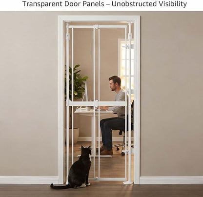 unipaws Transparent Cat Safety Gate, 75"-98" Height and 21"-34" Wdie Adjustable, Auto Closing and No Drilling, Extra Tall Cat Door for Doorway, Stairs