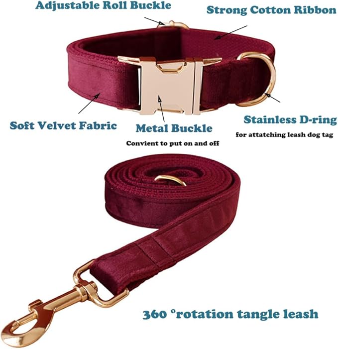 Love Dream Velvet Dog Collar and Leash Set, Soft & Comfy Adjustable Dog Leash and Collar with Heavy Duty Metal Buckle for Small Medium Large Dogs Training & Walking (XLarge, Wine Red)