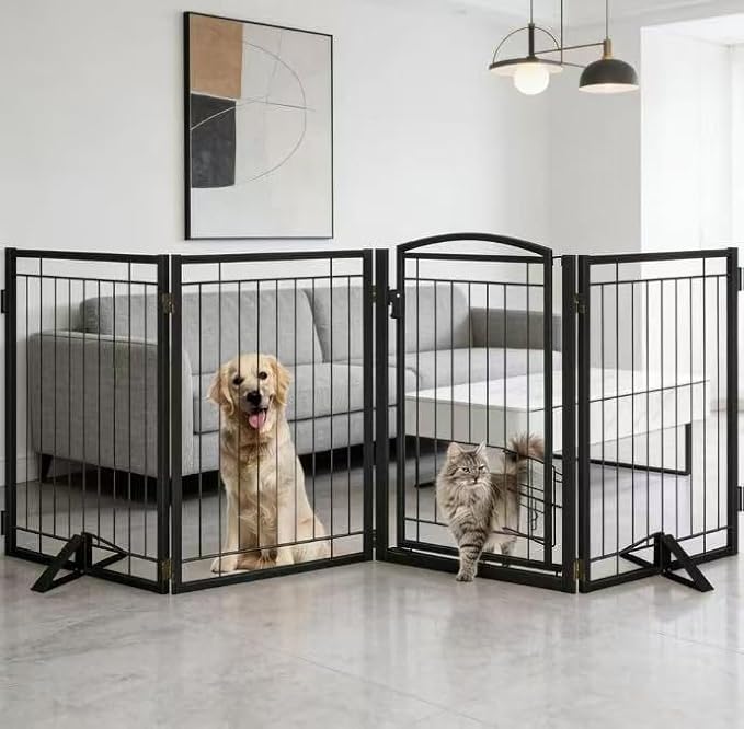 Full Metal Freestanding Dog Gate with Cat Door for Indoor & Outdoor,32" Tall Foldable Dog Fence,80" Extra Wide Freestanding Pet Gate for Large Openings,Stairs,Deck,Yard,Doorways(4 Panels,Black)
