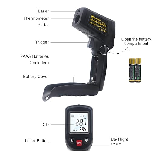 KETOTEK Infrared Thermometer Non Contact IR Digital Laser Temperature Gun -50℃～600℃ (-58℉～1112℉) Adjustable Emissivity Thermometer Gun for Cooking