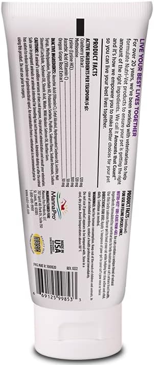 Nutri-Vet Uri-Ease Paw Gel for Cats, Cat Urinary Vitamin, Probiotic & Prebiotic Kitten Supplies, Cranberry Supplement, Immune Support Supplement, Gut health, Salmon Flavor, 3oz