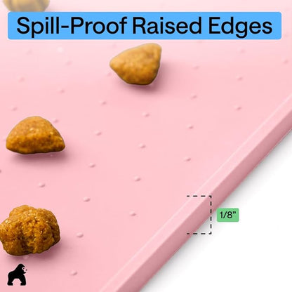 GORILLA GRIP 100% Waterproof Raised Edge BPA Free Silicone Pet Feeding Mat, Dog Cat Food Mats Contain Spills Protects Floors, Placemats for Cats and Dogs Water Bowl, Pets Accessories 32x24 Pink