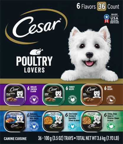 Cesar Classic Loaf in Sauce Adult Wet Dog Food Poultry Lovers Variety Pack with Real Chicken,Turkey or Duck,3.5 oz Easy Peel Trays,36 Count (Pack of 2)