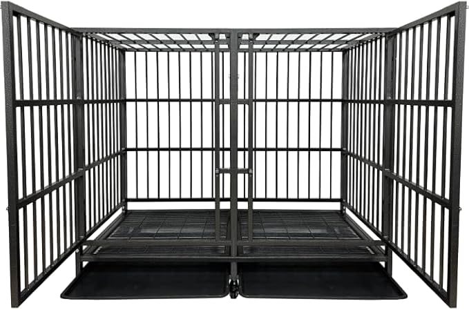 BOLDBONE 54 inch Heavy Duty Indestructible and Escape-Proof Dog Crate Cage Kennel with Divider for 2 Large Dogs, High Anxiety Dog Crate with Removable Wires Trays and Wheels, Extra Large XL XXL