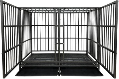 BOLDBONE 54 inch Heavy Duty Indestructible and Escape-Proof Dog Crate Cage Kennel with Divider for 2 Large Dogs, High Anxiety Dog Crate with Removable Wires Trays and Wheels, Extra Large XL XXL