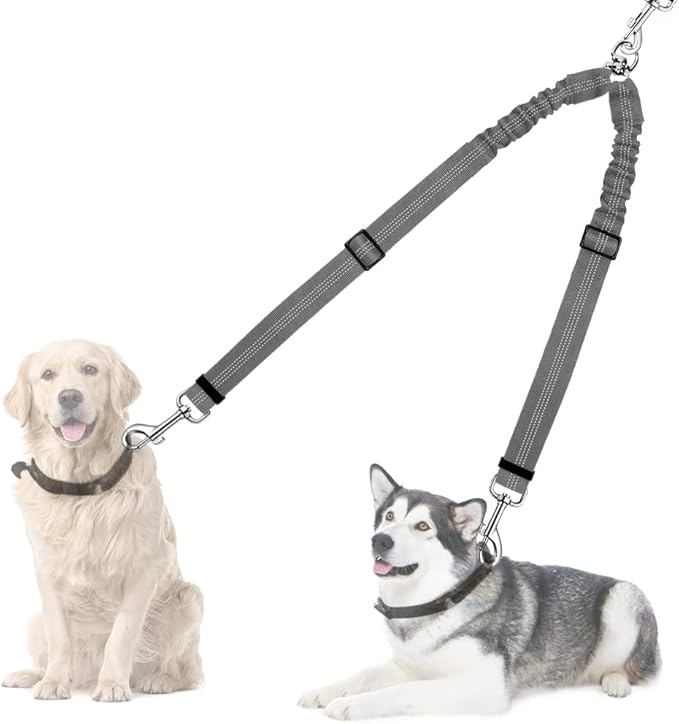 AUTOWT Double Dog Leash, No Tangle 360°Swivel Rotation Reflective Lead Attachment Adjustable Length Dual Two Dogs Lead Splitter, Comfortable Shock Absorbing Walking Training for 2 Dogs