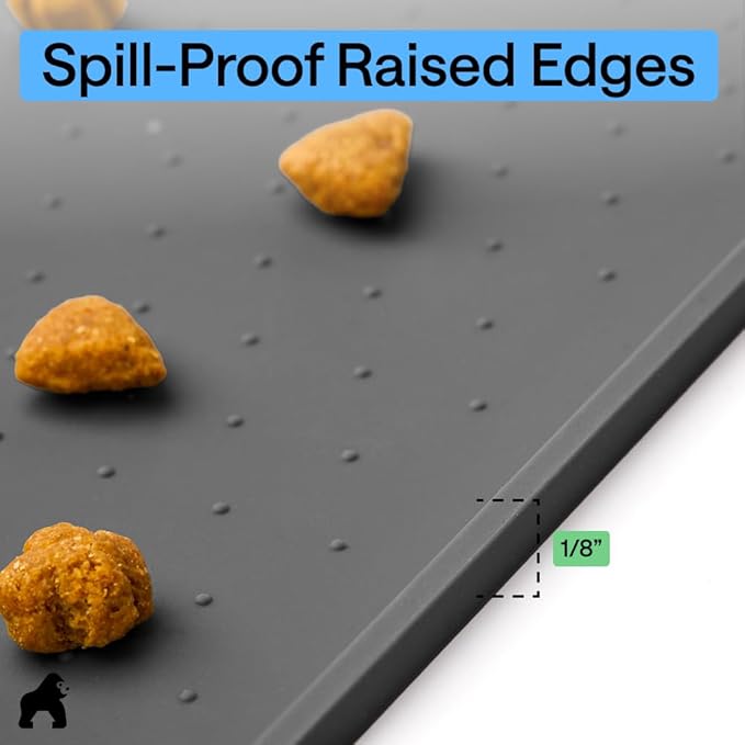GORILLA GRIP 100% Waterproof Raised Edge BPA Free Silicone Pet Feeding Mat, Dog Cat Food Mats Contain Spills Protects Floors, Placemats for Cats and Dogs Water Bowl, Pets Accessories 16x10, Charcoal