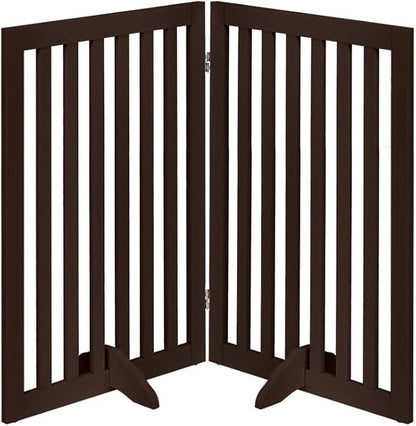 unipaws 36”H Free Standing Pet Gate for Dog and Cat, Wooden Dog Gates for Doorway, Stairs, Room Divider, Step Over Foldable Pet Fence for The House, Expandable Barrier, Indoor Use, Espresso