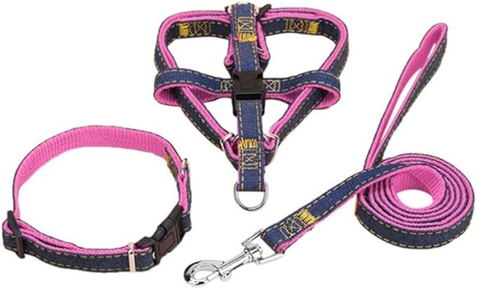 Denim Pet Dog Collar Harness Leash Set for Puppy Dog Cat, Adjustable Dog Harness Vest Collar Lead S/M/L/XL