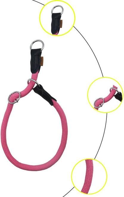 Braided Round Martingale Dog Collar, Training Collar with Slidable Stop Ring - Ideal for Medium/Large Dogs (M+(1/2") - 18" Long, Pink)