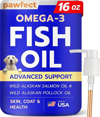 PAWFECTCHEW Fish Oil for Dogs - Natural Omega-3 - Skin & Coat Support - Liquid Food Supplement for Pets - Natural EPA + DHA Fatty Acids for Joints, Immune & Heart Health 16 fl oz