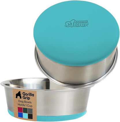 GORILLA GRIP Dog Bowls, Food Grade 304 Stainless Steel, Holds 1 Cup Each (8 fl oz) Food and Water Bowl for Feeding Dogs and Cats, Dishwasher Safe Rust Resistant BPA Free Rubber Base Set of 2 Turquoise