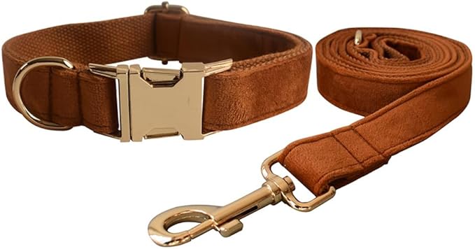 Love Dream Velvet Dog Collar and Leash Set, Soft & Comfy Adjustable Dog Leash and Collar with Heavy Duty Metal Buckle for Small Medium Large Dogs Training & Walking (Large, Copper Red)