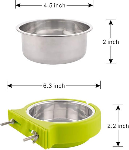 Crate Dog Bowl Removable Stainless Steel Water Food Feeder Bowls Cage Coop Cup for Cat Puppy Bird Pets (Small, Green with Corrugated Clip)