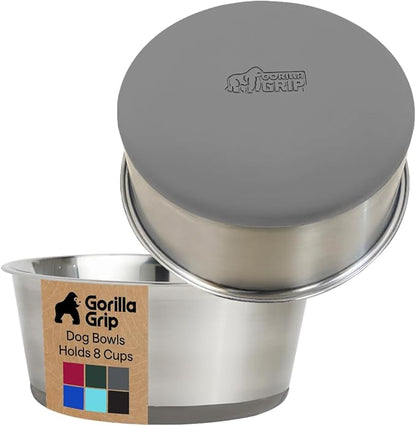 GORILLA GRIP Dog Bowls, Food Grade 304 Stainless Steel, Holds 8 Cups Each (64 fl oz) Food and Water Bowl for Feeding Dogs and Cats, Dishwasher Safe, Rust Resistant, BPA Free Rubber Base Set of 2 Gray