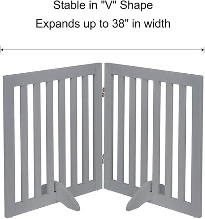 unipaws 24”H Free Standing Pet Gate for Dog Cat, Wooden Dog Gates for Doorway, Stairs, Step Over Foldable Pet Fence for The House, Expandable Doggy Barrier, Indoor Use, Grey