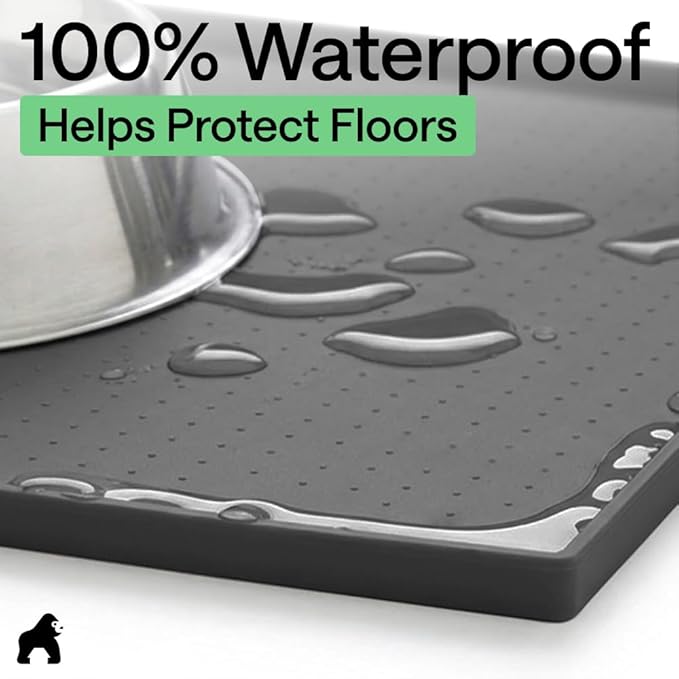 GORILLA GRIP 100% Waterproof Raised Edge BPA Free Silicone Pet Feeding Mat, Dog Cat Food Mats Contain Spills Protects Floors, Placemats for Cats and Dogs Water Bowl Pets Accessories 18.5x11.5 Charcoal