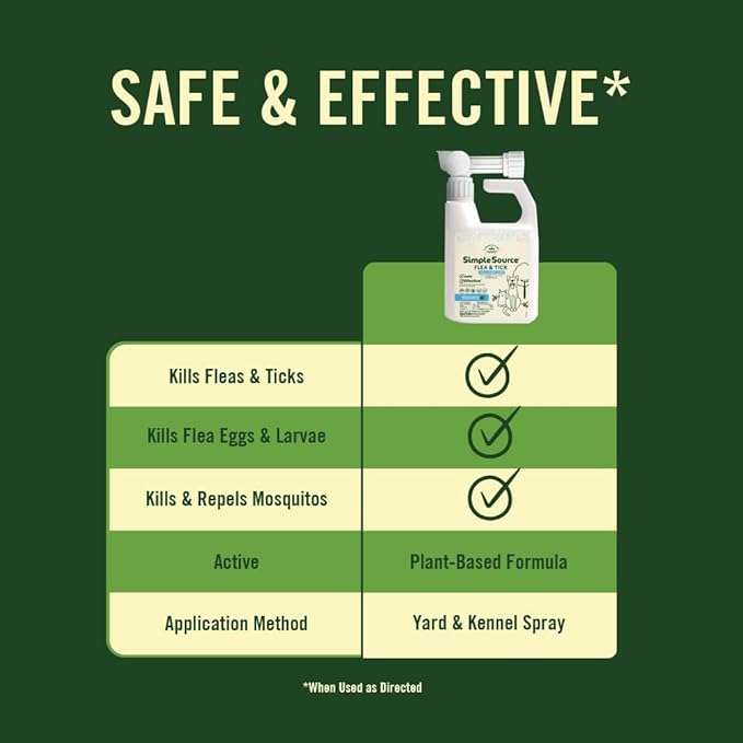 SimpleSource Flea & Tick Yard & Kennel Spray, Powered by Plants, Eliminates Fleas, Flea Eggs, Flea Larvae, Ticks, & Mosquitos, 32oz Bottle