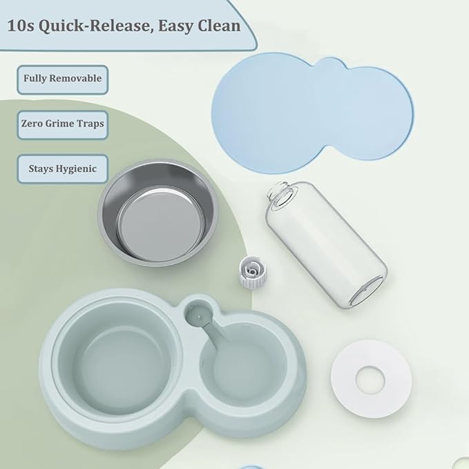 Double Dog Cat Bowls, Pets Food and Water Bowl Set with Automatic Water Dispenser and Stainless Steel Bowl Silicone Dog Bowl Mat, Gravity Feeder for Cats and Small Dogs Puppies (Blue)