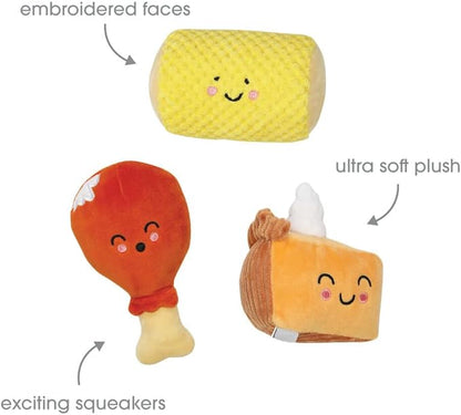 Pearhead Pet Thanksgiving Dinner Dog Toys - Slice of Pumpkin Pie, Turkey Leg, and Corn Cob Plush with Squeakers, Set of 3