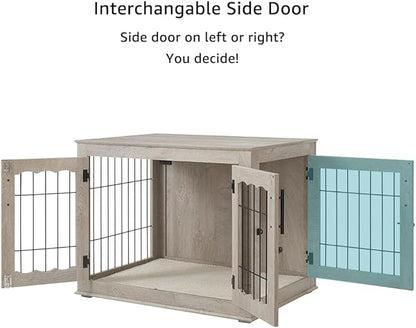 beeNbkks Furniture Style Dog Crate End Table, Double Doors Wooden Wire Dog Kennel with Pet Bed, Decorative Pet Crate Dog House Indoor Medium Large