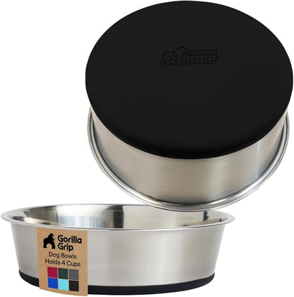 GORILLA GRIP Dog Bowls, Food Grade 304 Stainless Steel, Holds 4 Cups Each (32 fl oz) Food and Water Bowl for Feeding Dogs and Cats, Dishwasher Safe, Rust Resistant, BPA Free Rubber Base Set of 2 Black