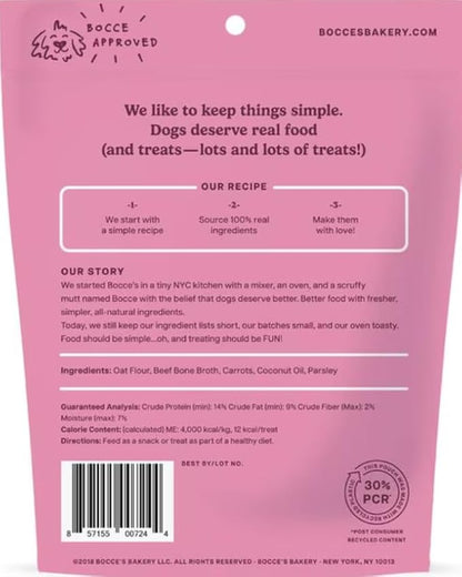 Bocce's Bakery Oven Baked Bone Broth Treats for Dogs, Wheat-Free Everyday Dog Treats, Made with Real Ingredients, Baked in The USA, Natural Biscuits, Beef Bone Broth, Carrots, & Parsley, 5 oz