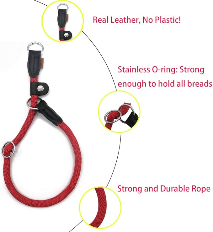 Braided Round Martingale Dog Collar, Training Collar with Slidable Stop Ring and Adjustable Stopper - Ideal for Large Dogs (L(1/2") - 20" Long, Red)