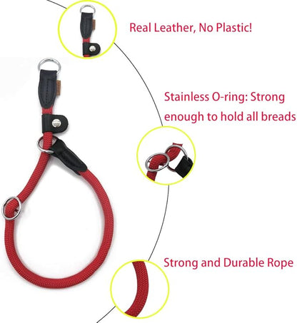 Braided Round Martingale Dog Collar, Training Collar with Slidable Stop Ring and Adjustable Stopper - Ideal for Large Dogs (L(1/2") - 20" Long, Red)
