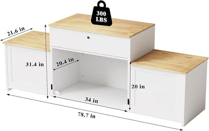 78" Dog Crate Furniture TV Stand, Tiered Dog Kennel for Medium Dogs with Stepped Design, Wooden Dog Cage with Storage Cabinets & Drawer, Heavy Duty Indoor Door House Media Console, White