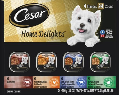 Cesar Home Delights Adult Wet Dog Food,Pot Roast with Spring Vegetables,Beef Stew,Turkey,Green Beans,& Potatoes,and Hearty Chicken & Noodle Dinner in Sauce Variety Pack,3.5 oz.,24 Count (Pack of 2)
