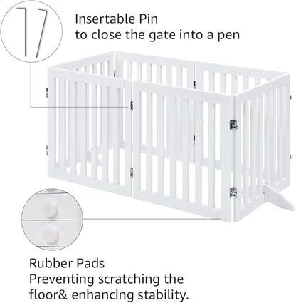 unipaws 120" Extra Wide Pet Gate, Free Standing Dog Gate for Doorways, Stairs, Foldable Puppy & Room Divider, Wooden Playpen for The House, Indoor Use (24" H, White)