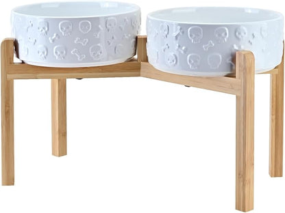 SPUNKYJUNKY Elevated Dog Bowls Ceramic, 8.3'' Dogs Food Water Bowls Raised with Non-Slip Bamboo Stand for Large Sized Breed Microwave Dishwasher Safe - 60 OZ,Skull White